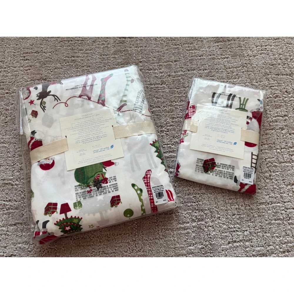 Pottery Barn Kids Duvet Set Kids Twin White NWT Santa & Friends Christmas Cotton